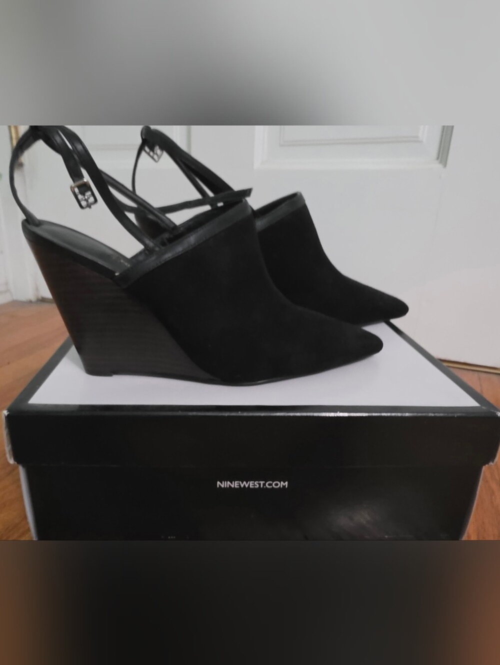 Nine West Black Suede Pointed Wedge Slingback Heels